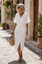 Vestido Cruzado Elegante  — Pastel Suave, Caqui y Azul