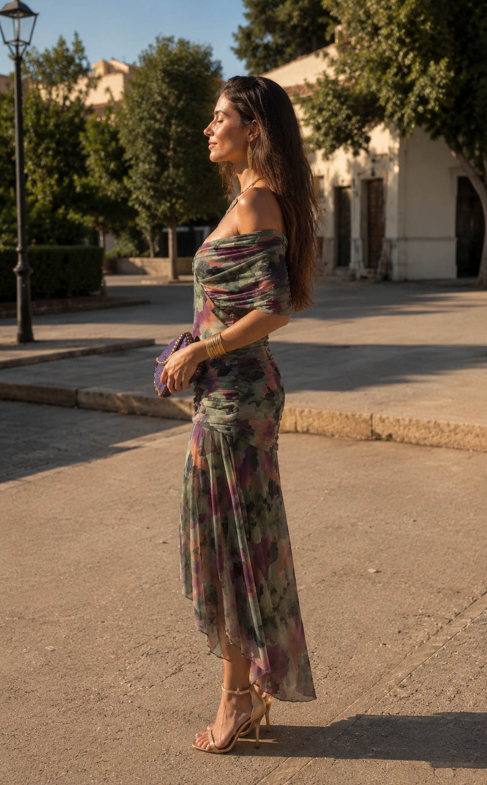 Vestido Largo de Gasa – Hombros Descubiertos, Fiesta y Vacaciones