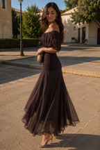 Vestido Largo de Gasa – Hombros Descubiertos, Fiesta y Vacaciones